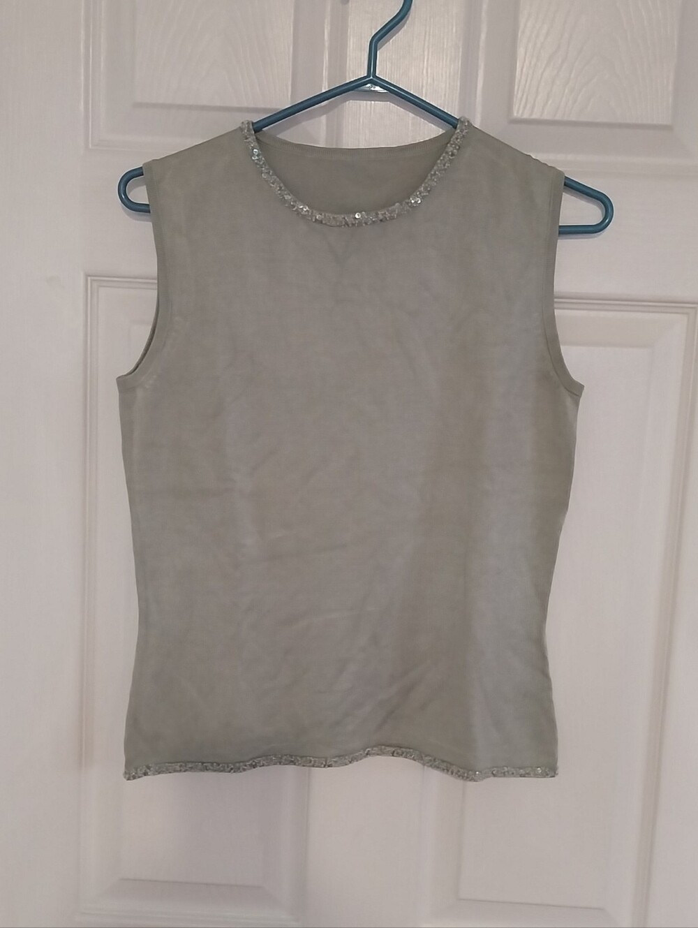 Sleeveless Beaded Trim Top - Light Sage